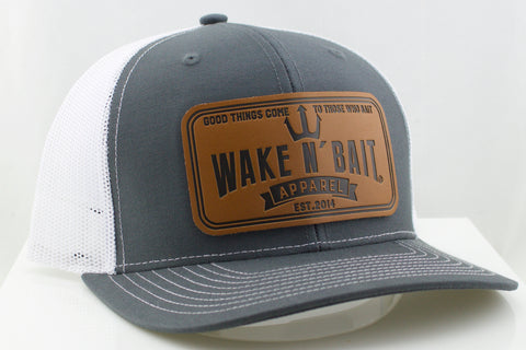 Grey and White Curved Bill Trucker w/ Real Leather Patch