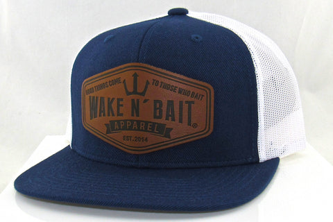 Navy Blue and White Flatbill w/ Real Leather Patch