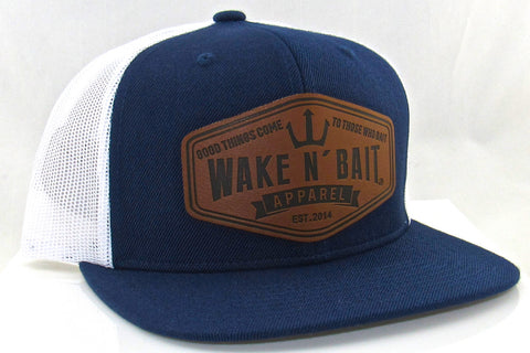 Navy Blue and White Flatbill w/ Real Leather Patch