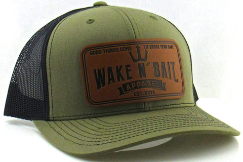 Military Green/Black Curved Bill Trucker w/ Real Leather Patch